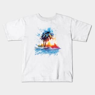 Bold and Colorful Ocean Graphic with Palm Trees and Beach Splats Kids T-Shirt